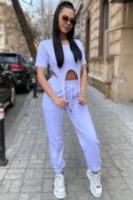 Compleu din bumbac format din bluza scurta in colturi si pantalon Hilta Alb