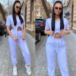 Compleu din bumbac format din bluza scurta in colturi si pantalon Hilta Alb - imagine 4