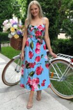 Rochie Midi cu bretele Dabia Bleu cu flori multicolore