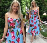 Rochie Midi cu bretele Dabia Bleu cu flori multicolore - imagine 3