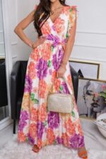 Rochie Lunga Plisata cu decolteu in v Asunta Alba cu flori multicolore