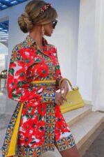 Rochie Lunga Plisata cu decolteu in v Asunta Alba cu flori multicolore - imagine 24