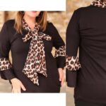 Bluza Neagra cu funda si maneci animal print Verena - Marimi Mari - imagine 3
