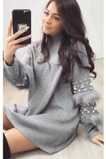 Rochie Tricotata Oversize maneci bufante cu blana si perle Algarve Gri - imagine 2