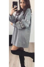 Rochie Tricotata Oversize maneci bufante cu blana si perle Algarve Gri