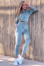 Compleu din catifea moale format din bluza si pantalon cu fermoare Hermosa Gri