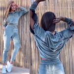 Compleu din catifea moale format din bluza si pantalon cu fermoare Hermosa Gri - imagine 4