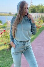 Compleu din catifea moale format din bluza si pantalon cu fermoare Hermosa Gri - imagine 5