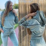 Compleu din catifea moale format din bluza si pantalon cu fermoare Hermosa Gri - imagine 9