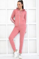 Trening Dama format din bluza cu fermoar si pantalon lung Selina Roz cu dunga argintie