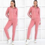 Trening Dama format din bluza cu fermoar si pantalon lung Selina Roz cu dunga argintie - imagine 4