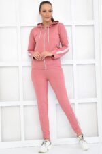Trening Dama format din bluza cu fermoar si pantalon lung Selina Roz cu dunga argintie - imagine 2