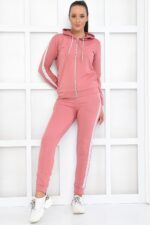 Trening Dama format din bluza cu fermoar si pantalon lung Selina Roz cu dunga argintie - imagine 3