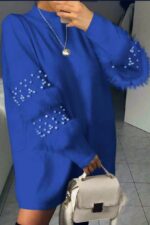 Rochie Tricotata Oversize maneci bufante cu blana si perle Algarve Albastra