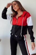 Trening format din bluza cu fermoar si pantalon Bianka Negru cu Rosu si Alb - imagine 2