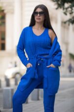 Compleu Tricotat format din maiou cardigan si pantalon Malisia Albastru