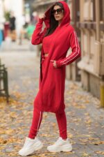 Compleu Tricotat format din maiou cardigan si pantalon Monaco Rosu - imagine 2