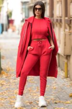 Compleu Tricotat format din maiou cardigan si pantalon Monaco Rosu