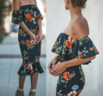 Rochie Midi cu umerii goi Mavis Neagra cu flori multicolore - imagine 4