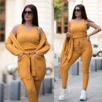 Compleu Tricotat format din maiou cardigan si pantalon Malisia Mustar - imagine 4