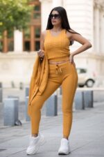 Compleu Tricotat format din maiou cardigan si pantalon Malisia Mustar - imagine 2