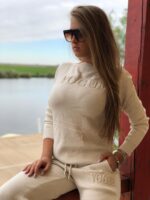 Compleu Tricotat format din pantalon si bluza cu imprimeu 3D Vogue Adelinda Bej - imagine 9