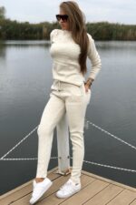 Compleu Tricotat format din pantalon si bluza cu imprimeu 3D Vogue Adelinda Bej - imagine 10