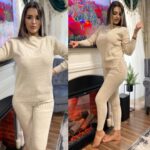Compleu Tricotat format din pantalon si bluza cu imprimeu 3D Vogue Adelinda Bej - imagine 4