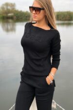 Compleu Tricotat format din pantalon si bluza cu imprimeu 3D Icon Negru - imagine 2