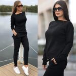 Compleu Tricotat format din pantalon si bluza cu imprimeu 3D Icon Negru - imagine 4