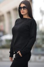 Compleu Tricotat format din pantalon si bluza cu imprimeu 3D Icon Negru - imagine 5