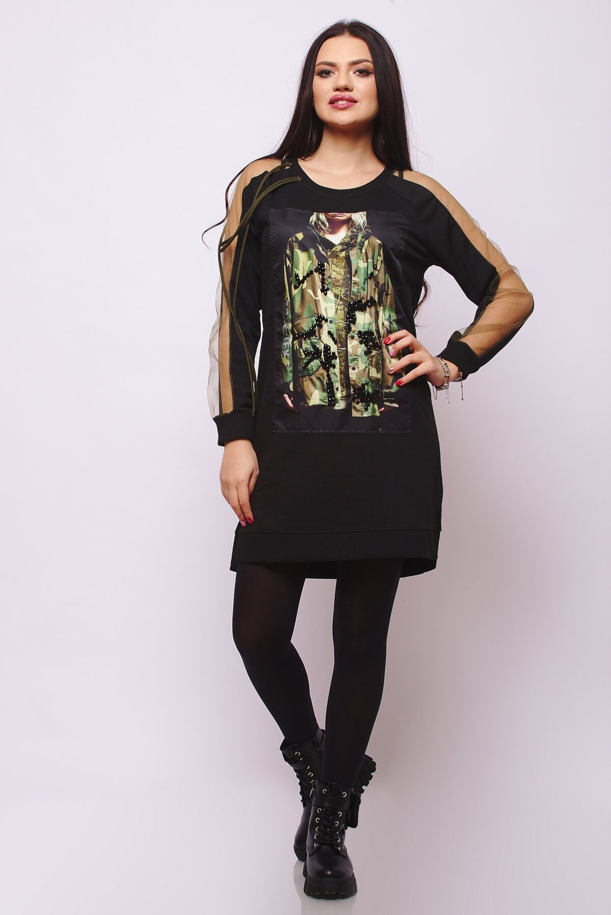 Compleu Tricotat format din pantalon si bluza cu imprimeu 3D Vogue Adelinda Bej - imagine 29