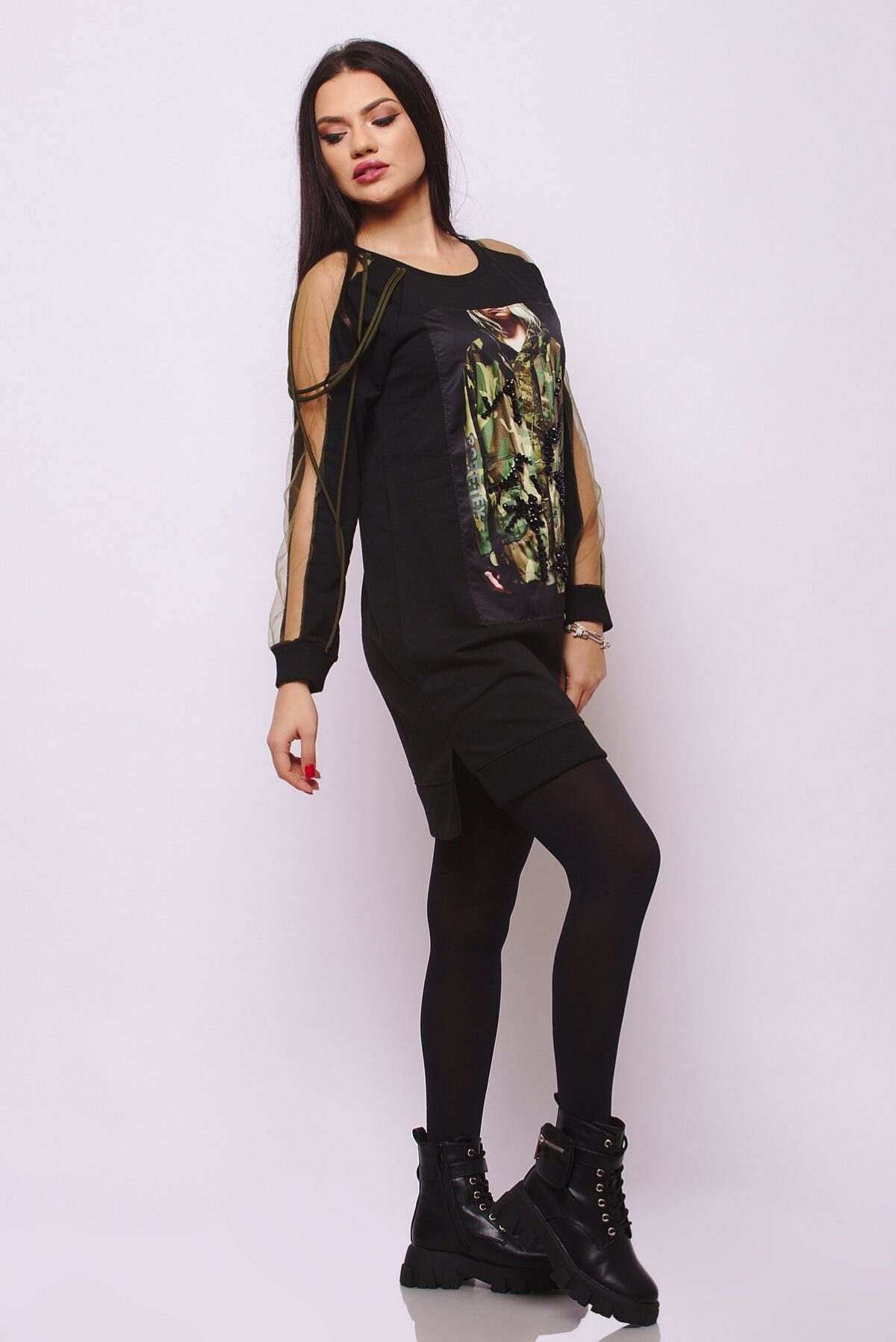 Compleu Tricotat format din pantalon si bluza cu imprimeu 3D Vogue Adelinda Bej - imagine 30