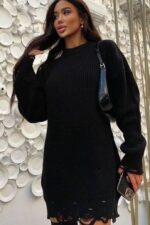 Pulover scurt pe gat cu franjuri Destina Negru - imagine 2