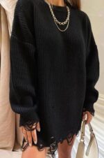 Pulover scurt pe gat cu franjuri Destina Negru - imagine 4