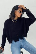 Pulover scurt pe gat cu franjuri Destina Negru