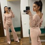 Compleu Tricotat format din pantalon si bluza Sefima Roz Pudra - imagine 4