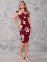 Rochie midi cu maneca scurta Analisa Grena cu imprimeu floral - imagine 4