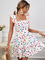 Rochie Scurta Leblanc Alba cu buline Multicolore - imagine 4