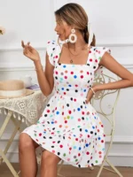 Rochie Scurta Leblanc Alba cu buline Multicolore - imagine 3