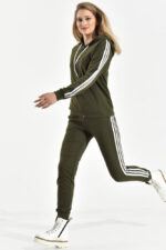 Trening format din bluza cu fermoar si pantalon Martina Khaki cu dungi albe - imagine 3