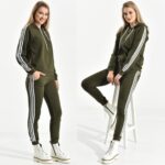 Trening format din bluza cu fermoar si pantalon Martina Khaki cu dungi albe - imagine 4