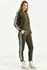 Trening format din bluza cu fermoar si pantalon Martina Khaki cu dungi albe - imagine 2