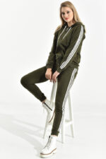 Trening format din bluza cu fermoar si pantalon Martina Khaki cu dungi albe
