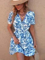 Rochie Scurta Martisa Alba cu Print Floral Albastru si Cordon - imagine 4