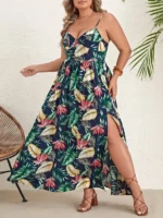 Rochie Lunga Stemia Bleumarin cu Print Tropical - Marimi Mari - imagine 4