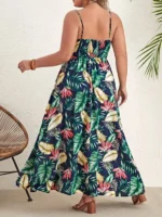 Rochie Lunga Stemia Bleumarin cu Print Tropical - Marimi Mari - imagine 2
