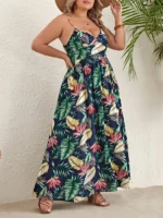Rochie Lunga Stemia Bleumarin cu Print Tropical - Marimi Mari - imagine 5