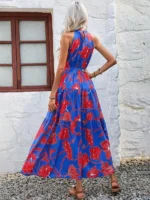 Rochie Lunga Sanita Albastra cu Flori Rosii - imagine 2