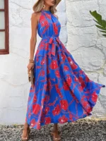 Rochie Lunga Sanita Albastra cu Flori Rosii - imagine 4
